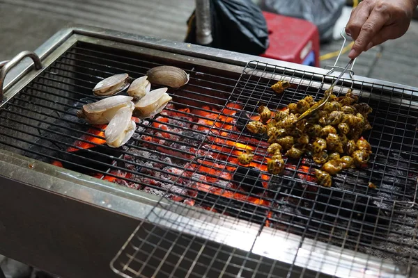 Barbecue vuur Grill, schelpdier weekdieren schelpen, oesters delicatessen — Stockfoto