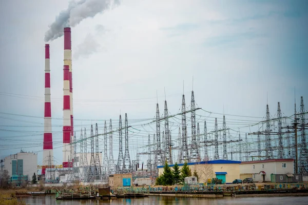 Hlavní Energetická Elektrárna Úspory Energie Průmyslová Elektrárna Smokestacu — Stock fotografie