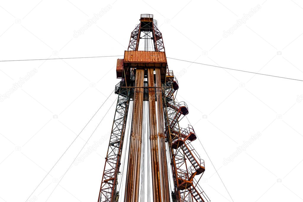 Oil and Gas Drilling Rig. Oil platform isolated on white background. Drilling rig in oil field for drilled into subsurface in order to produced crude, inside view. Petroleum Industry