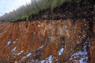 Toprak kesme kumtaşı, taşlar, kil, kum yapısı ve tabakaları. farklı yapıların katmanları ile kum dilim. Tortul kumtaşı kaya katmanları.