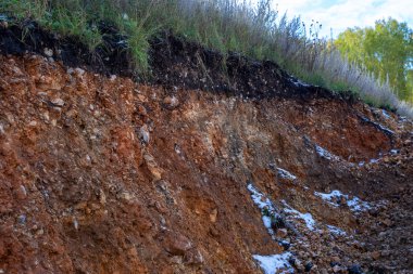 Toprak kesme kumtaşı, taşlar, kil, kum yapısı ve tabakaları. farklı yapıların katmanları ile kum dilim. Tortul kumtaşı kaya katmanları.