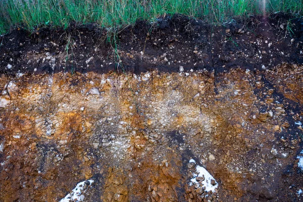 Soil cut-arenaria, pietre, argilla, struttura di sabbia e strati. fetta di sabbia con strati di diverse strutture. Strati di roccia arenaria sedimentaria . — Foto Stock