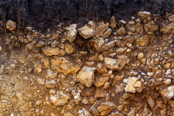 Toprak kesme kumtaşı, taşlar, kil, kum yapısı ve tabakaları. farklı yapıların katmanları ile kum dilim. Tortul kumtaşı kaya katmanları.