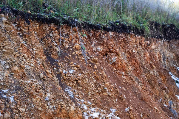 Toprak kesme kumtaşı, taşlar, kil, kum yapısı ve tabakaları. farklı yapıların katmanları ile kum dilim. Tortul kumtaşı kaya katmanları.