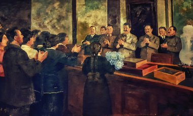Gori, Gürcistan - 13 Nisan 2017: Joseph Stalin portresi itibariyle yerel musem Gori içinde doğdu Sovyetler Birliği lideri, yaşam adanmış.