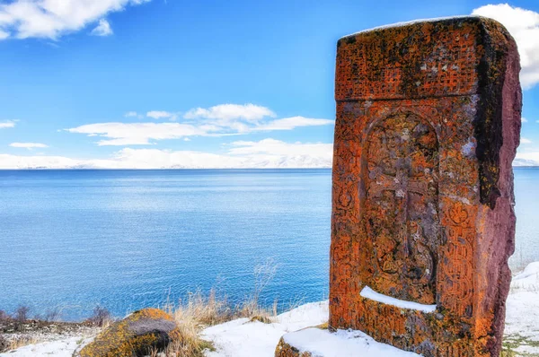 Notarus Armenia Kwietnia 2017 Kamień Khachkar Tradycyjnym Ornamentem Noratus Średniowieczny — Zdjęcie stockowe