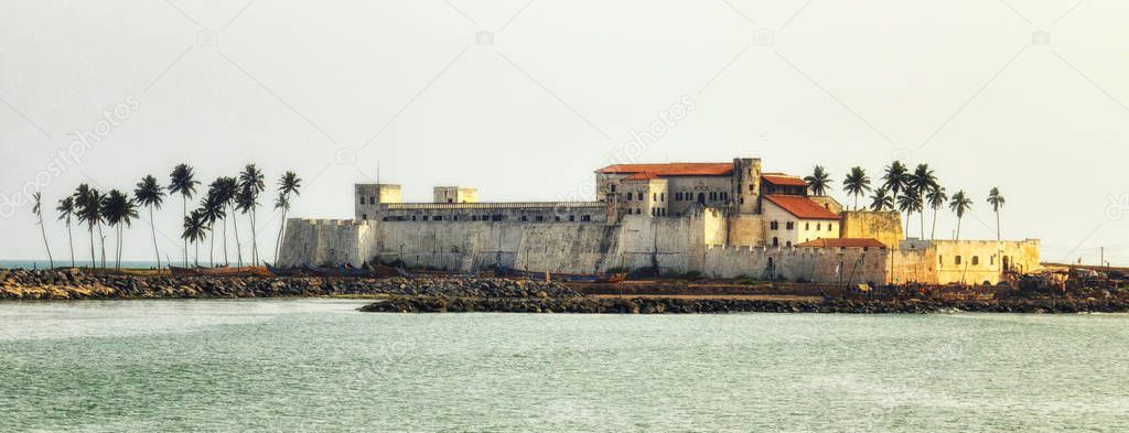 Panorama of Elmina Castle (also called the Castle of St. George) which is located on the Atlantic coast of Ghana west of the capital, Accra. It is a UNESCO World Heritage Site.