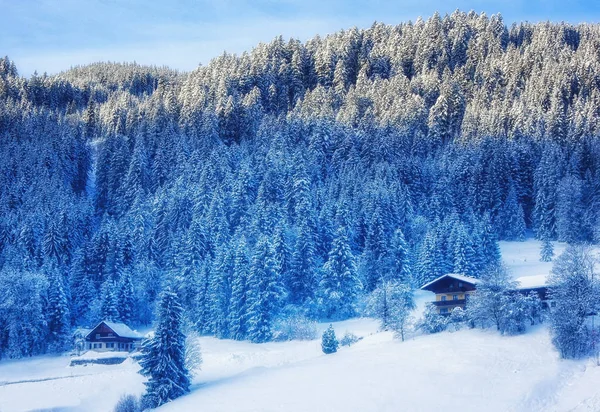 Güzel Kış Görünümünü Dağ Manzarası Ile Dağ Kabin Alpleri Nde — Stok fotoğraf