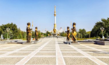 The Independence Monument is a monument located in Ashgabat, Turkmenistan. The design of this building was inspired by traditional Turkmen tents and the traditional headgear worn by Turkmen girls. clipart