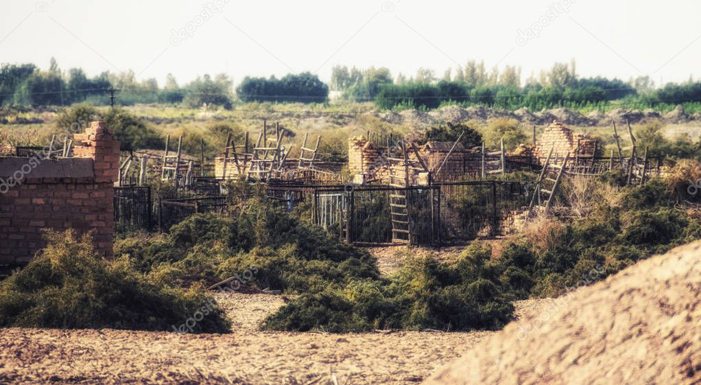 Metal cages at Karakum Desert in Central Turkmenistan