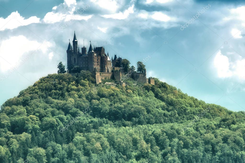 Hechingen, Germany - August  17, 2018:  View of Hohenzollern Castle in the Swabian Alps - Baden-Wurttemberg, Germany