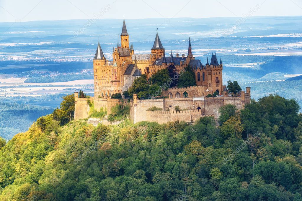 Hechingen, Germany - August 17, 2018: German Kaiser's Hohenzollern castle, situated in Black Forest by Stuttgart, Germany