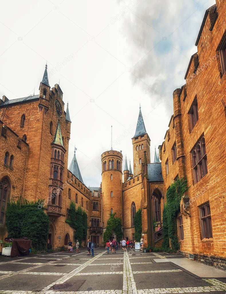 Hechingen, Germany  August 17, 2018: Hohenzollern Castle is the ancestral seat of the imperial House of Hohenzollern. it is located atop Mount Hohenzollern, above and south of Hechingen Baden-Wrttemberg, Germany.