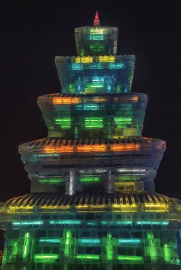 Güzel buz pagoda ışıklar, uluslararası buz Festivali, Harbin, Çin ile