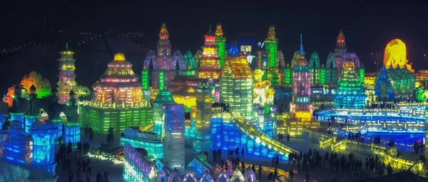 Harbin, China - February 14, 2014: The Harbin International Ice Festival Art Expo, which takes place each winter in Harbin is one of the largest ice festivals in the world. The huge structures are built from 2-3 ft blocks of ice taken from the Songhu