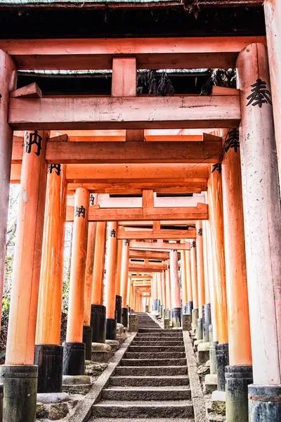 Den röda torii gates gångvägen på fushimi inari taisha shrine i Ky — Stockfoto