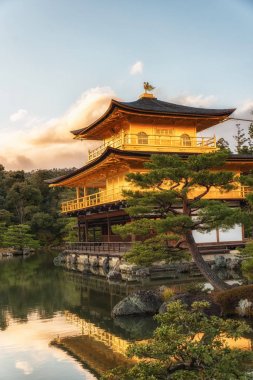 Kyoto'daki Kinkaku-ji Altın Tapınağı göle bakan 