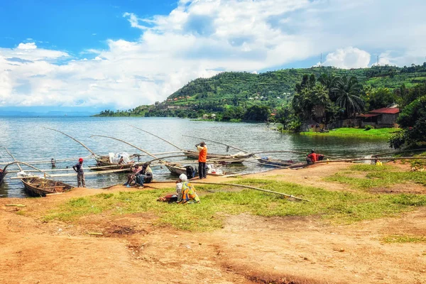 Loval Halászok Tónál Kivu Ruanda — Stock Fotó