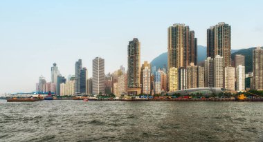 Hong Kong Adası şehir silueti gökdelenler Çin Victoria Limanı