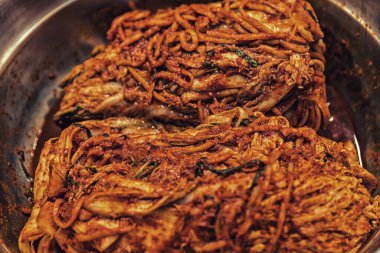 Kimchi, tuzlu lahana, Kore usulü yakın plan.