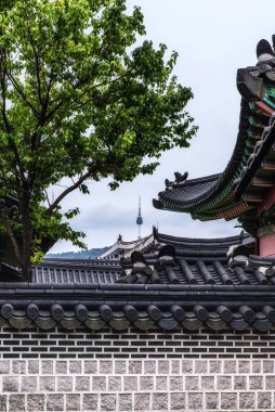 Arka planda Seul Kulesi olan Changdeokgung Sarayı. UNESCO Dünya Mirası Alanı, Seul, Güney Kore, Asya