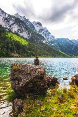 Avusturya 'nın yukarısındaki güzel Gosausee gölüne bakan genç bir çocuk..