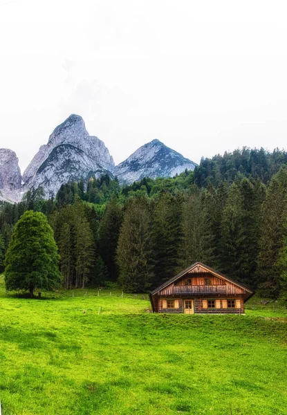 Pradera Alpina Con Algunas Cabañas Los Picos Montaña Gosau Fondo — Foto de Stock