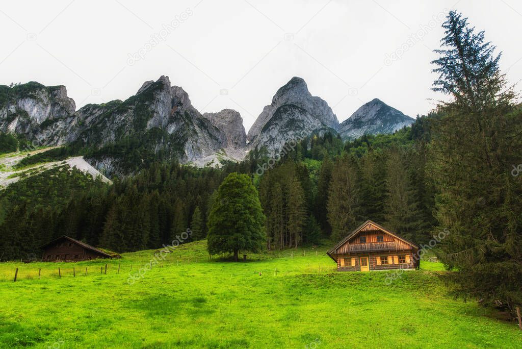 Alpine meadow with some cottages and the Gosau mountain peaks in the background, Austria.