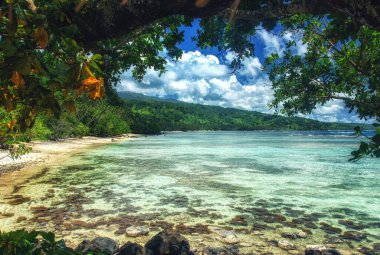 Güney Pasifik, Fiji, Taveuni, Yeşillik Taveuni Adası 'nın batı kıyısında ıssız bir plajda asılı duruyor..