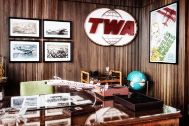 New York, ABD - 29 Eylül 2020: TWA Hotel 'de Tarihi Müze Sergisi, John F. Kennedy Havaalanı, New York, ABD