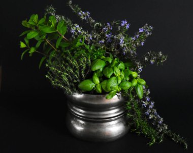 Siyah arkaplanda aromatik bitkilerin bileşimi.