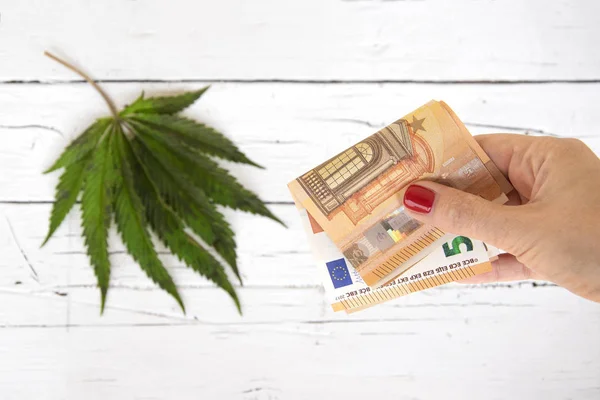 Cannabis blad med eurosedlar på bordet. Cannabis försäljning legalisering koncept. Synpunkt POV. — Stockfoto
