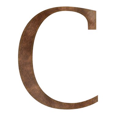 Sarı dikişli kahverengi deri desenli C harfi, deri alfabe, vektör illüstrasyonu.