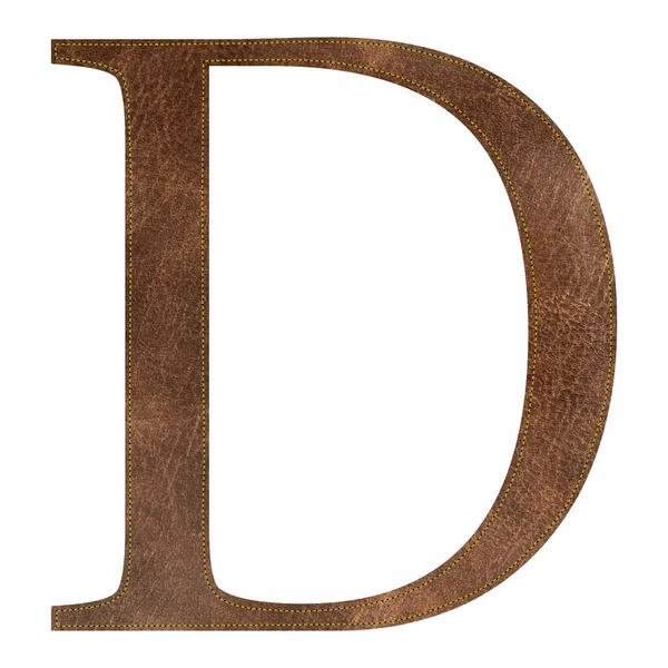 Texturierter Buchstabe D aus braunem Leder mit gelber Naht, Lederalphabet, Vektorillustration — Stockvektor