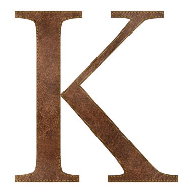 Sarı dikişli kahverengi deri desenli K harfi, deri alfabe, vektör illüstrasyonu.
