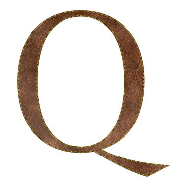 Sarı dikişli kahverengi deri desenli Q harfi, deri alfabe, vektör illüstrasyonu