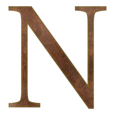 Kahverengi deri desenli N harfi sarı dikişli, deri alfabe, vektör illüstrasyonu