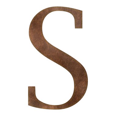 Sarı dikişli kahverengi deri desenli S harfi, deri alfabe, vektör illüstrasyonu.
