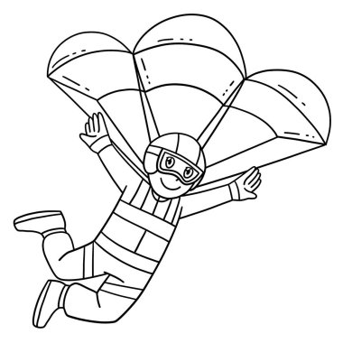  Paraşütlü bir erkek pilotun sevimli ve komik renkli sayfası. Çocuklar için saatlerce boyama eğlencesi sağlıyor. Bu sayfayı boyamak çok kolaydır. Küçük çocuklar ve yeni yürümeye başlayanlar için uygun..