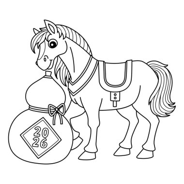 At Yılı 2026 'nın sevimli ve komik renkli bir sayfası. Çin şarabıyla birlikte. Çocuklar için saatlerce boyama eğlencesi sağlıyor. Bu sayfayı boyamak çok kolaydır. Küçük çocuklar ve yeni yürümeye başlayanlar için uygun.. 