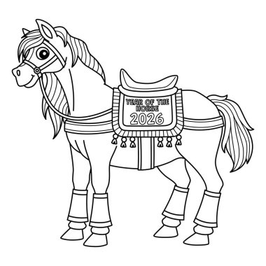 At Yılı 2026 'nın şirin ve komik renkli sayfası ve eyeri. Çocuklar için saatlerce boyama eğlencesi sağlıyor. Bu sayfayı boyamak çok kolaydır. Küçük çocuklar ve yeni yürümeye başlayanlar için uygun.. 