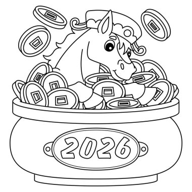 At Yılı 2026 'nın sevimli ve komik renkli bir sayfası. Çin sikkeleriyle. Çocuklar için saatlerce boyama eğlencesi sağlıyor. Bu sayfayı boyamak çok kolaydır. Küçük çocuklar ve yeni yürümeye başlayanlar için uygun.. 