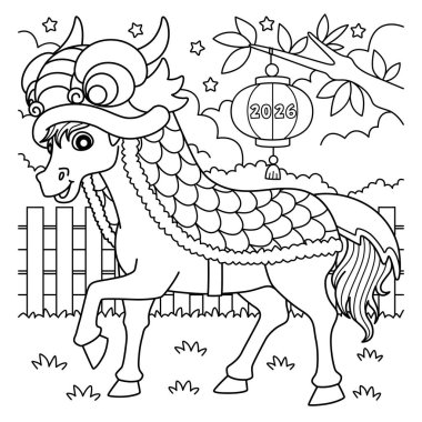 Çin ejderhası kostümüyle At Yılı 'nın sevimli ve komik renkli bir sayfası. Çocuklar için saatlerce boyama eğlencesi sağlıyor. Bu sayfayı boyamak çok kolaydır. Küçük çocuklar ve yeni yürümeye başlayanlar için uygun.