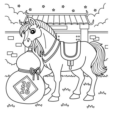 At Yılı 2026 'nın sevimli ve komik renkli bir sayfası. Çin şarabıyla birlikte. Çocuklar için saatlerce boyama eğlencesi sağlıyor. Bu sayfayı boyamak çok kolaydır. Küçük çocuklar ve yeni yürümeye başlayanlar için uygun..