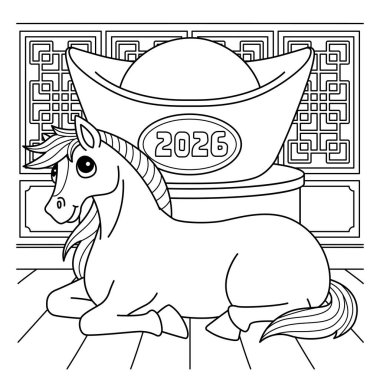 Çin altınlı At Yılı 'nın sevimli ve komik renkli bir sayfası. Çocuklar için saatlerce boyama eğlencesi sağlıyor. Bu sayfayı boyamak çok kolaydır. Küçük çocuklar ve yeni yürümeye başlayanlar için uygun..