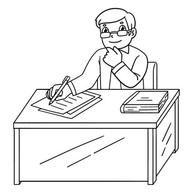 Bir erkek öğretmenin kağıtları kontrol edişinin sevimli ve komik renkli sayfası. Çocuklar için saatlerce boyama eğlencesi sağlıyor. Bu sayfayı boyamak çok kolaydır. Küçük çocuklar ve yeni yürümeye başlayanlar için uygun..