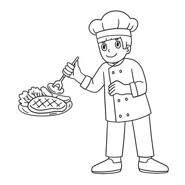 Yemekleri erkek şefin kaplamasının sevimli ve komik renkli bir sayfası. Çocuklar için saatlerce boyama eğlencesi sağlıyor. Bu sayfayı boyamak çok kolaydır. Küçük çocuklar ve yeni yürümeye başlayanlar için uygun..