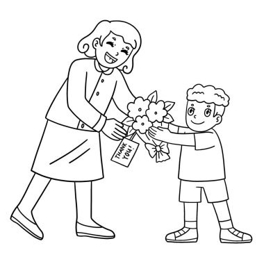 Female Teacher 'ın çiçek alan bir öğrencisinin sevimli ve komik renkli sayfası. Çocuklar için saatlerce boyama eğlencesi sağlıyor. Bu sayfayı boyamak çok kolaydır. Küçük çocuklar ve yeni yürümeye başlayanlar için uygun..