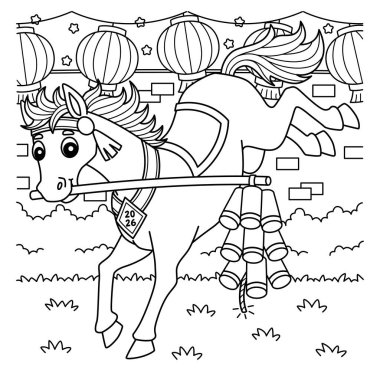 Çin Havai fişekleriyle dolu At Yılı 'nın sevimli ve komik renkli bir sayfası. Çocuklar için saatlerce boyama eğlencesi sağlıyor. Bu sayfayı boyamak çok kolaydır. Küçük çocuklar ve yeni yürümeye başlayanlar için uygun..