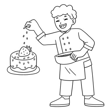 Pastayı şekerlerle süsleyen bir erkek fırıncının sevimli ve komik renkli sayfası. Çocuklar için saatlerce boyama eğlencesi sağlıyor. Bu sayfayı boyamak çok kolaydır. Küçük çocuklar ve yeni yürümeye başlayanlar için uygun.. 